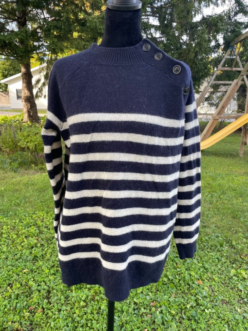 L.L. Bean Signature Sweater Mock Neck Striped Relaxed Navy White Button Wool